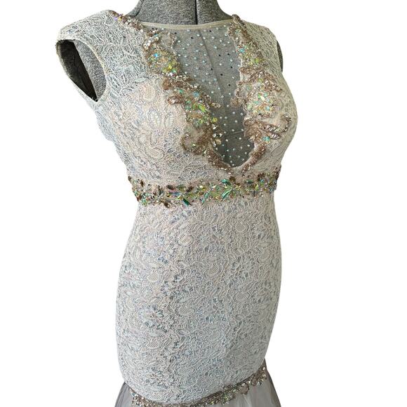 Mermaid Beaded Lace Prom Evening Gown 2 Illusion Bodice Tulle Formal Pageant - Picture 3 of 16